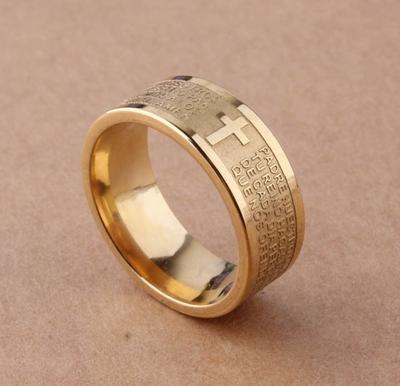Wholesale 7mm Gold Tone Spanish Golden The Holy Bible Lord's Prayer Cross Ring Stainless Steel Rings Fashion Religious Jewelry