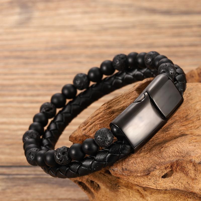 Men Bracelet Rope Stainless Steel Magnetic Natural Stone Leather Beaded Braclet Volcanic Stone bracelet bangles Chain Gift