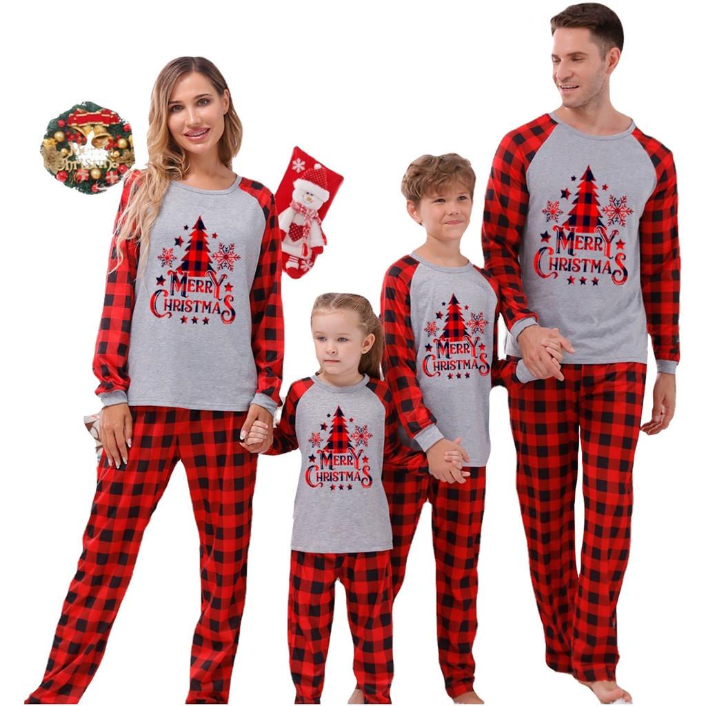 Men  Christmas Deer Plaid Prints Family Matching Long Sleeve Tops+Pants Set