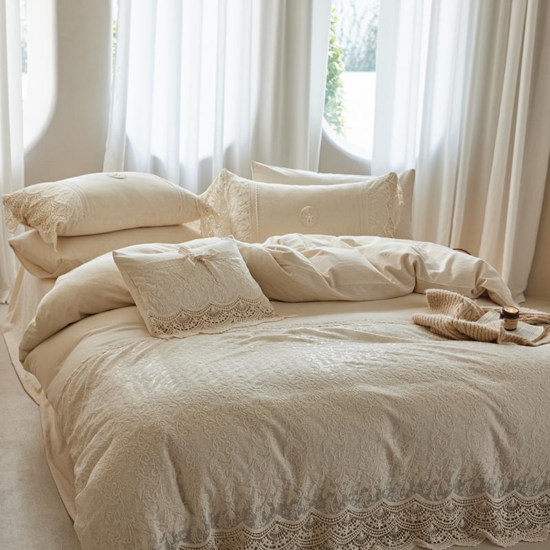 20% Linen And 80% Cotton Vintage Hollow Lace Embroidery Patchwork Bedding Set Duvet Cover Flat/Fitted Bed Sheet Pillowcases 4Pcs