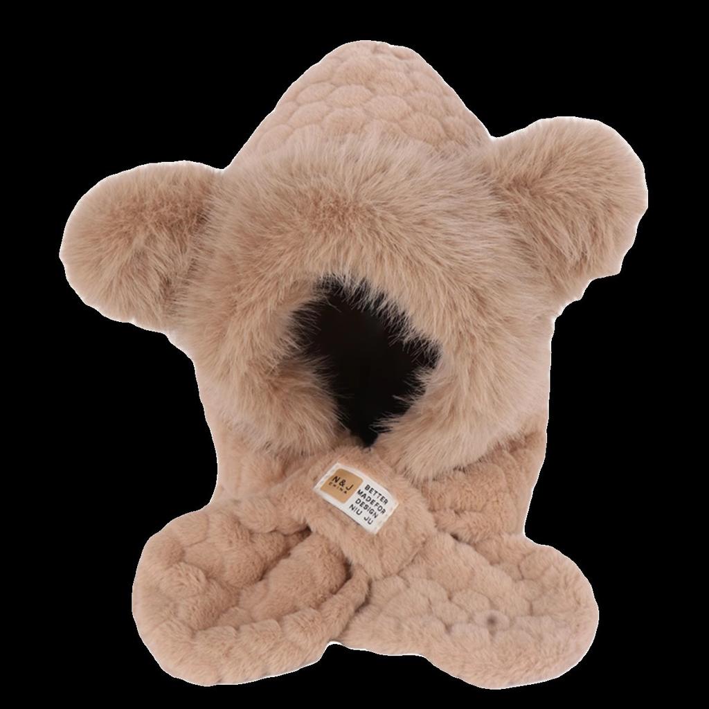 Bear plush hat women's winter scarf integrated warm thickened scarf cute cold winter ear protection two-piece set