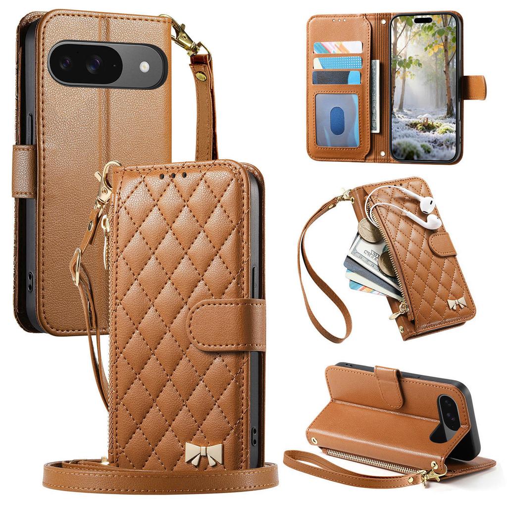 Crossbody Long Lanyard Diamond Pattern Leather Case for Google Pixel 11 Pro XL 10 9 8 7 6A Shockproof Book Stand Slim Cover