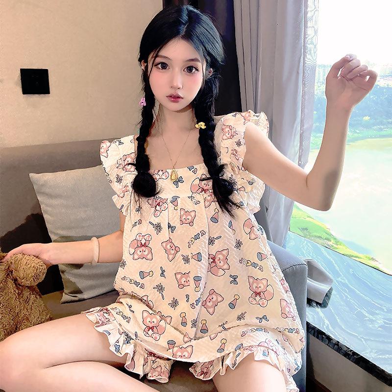Summer Ladies Bubble Cotton Pajamas Homewear Set New Camisole Vest Shorts Pajamas Two-Piece New Sweet Homewear Pajama Set