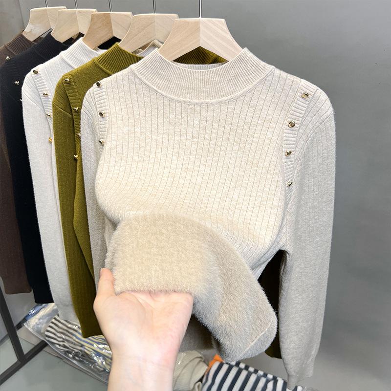 

Женский цельный бархатный толстый свитер с длинными рукавами и полувысоким воротником. Бархатный повседневный теплый вязаный свитер с длинными рукавами для осени и зимы. XL бежевый