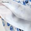 Korean Style Summer Autumn Women Midi Skirt High Waist Blue Floral Print Vintage Skirt Cotton Linen Retro A-Line Soft Skirt