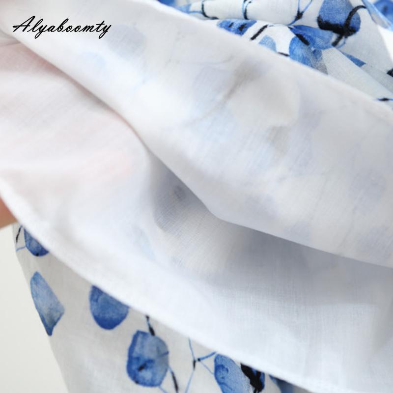 Korean Style Summer Autumn Women Midi Skirt High Waist Blue Floral Print Vintage Skirt Cotton Linen Retro A-Line Soft Skirt