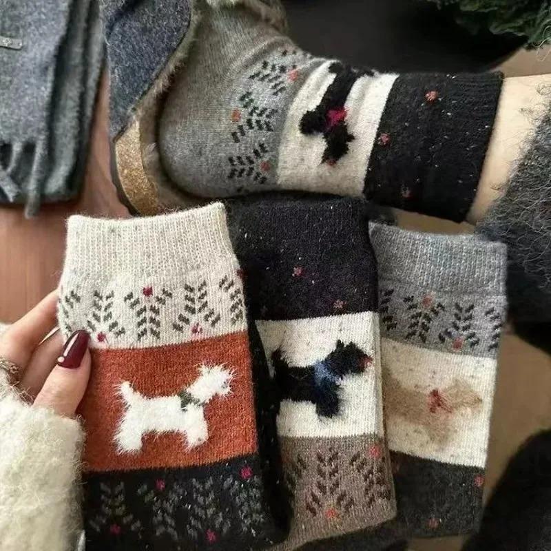 1/5pairs Plush Warm Puppy Socks Women Winter Color Block Mid Calf Soft Fluffy Fabric American Retro Cartoon Design Cozy Cotton