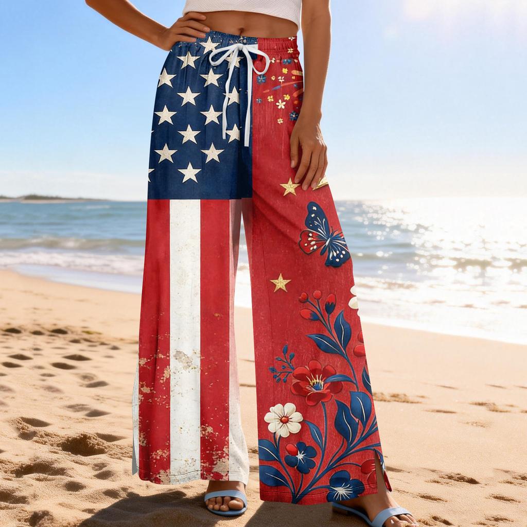 Dámské letní boho palazzo kalhoty s vysokým pasem a širokými nohavicemi, tisk, ležérní kalhoty s kapsami