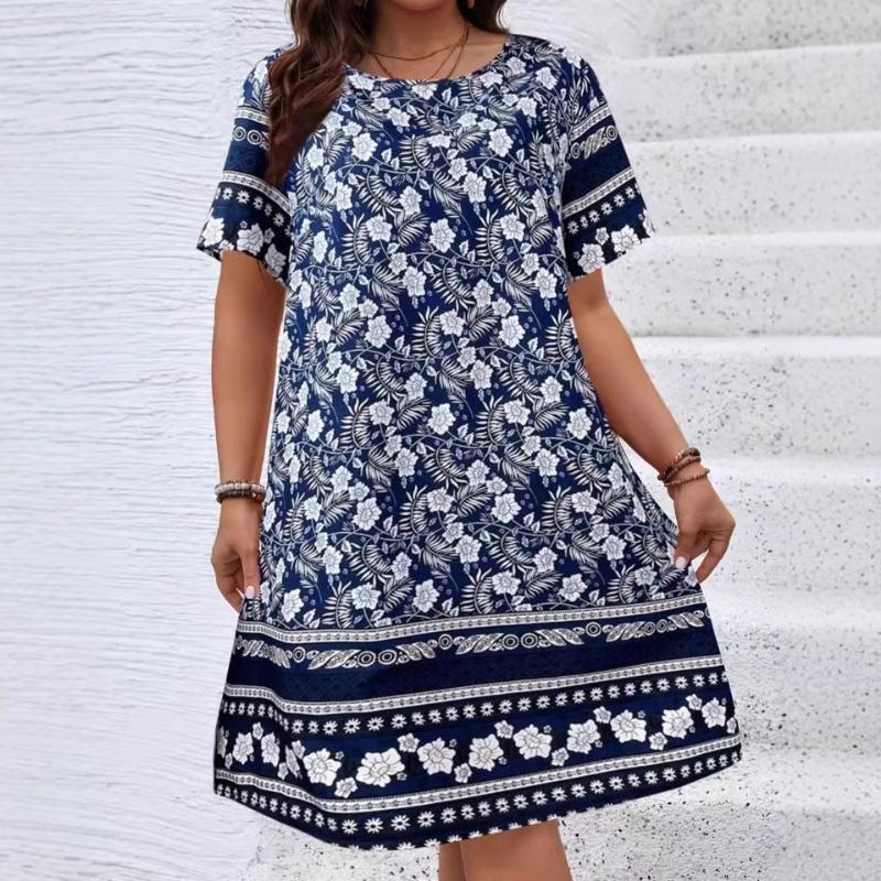 

Винтажные цветочные 3D-печатные платья на лето 2025 года Больших размеров Женские повседневные мини-платья с круглым вырезом и коротким рукавом для женщин Летнее платье S