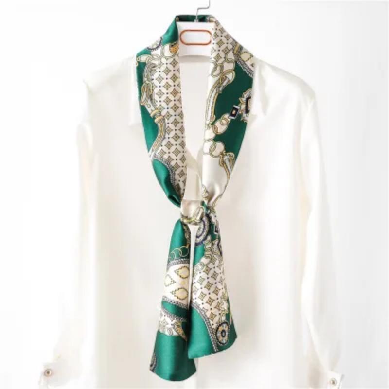 Hijab Real Long Silk Women Print Elegant Neck Scarves Hair Head Ribbon Tie Bag Handle Decoration Foulard Collar Kerchief