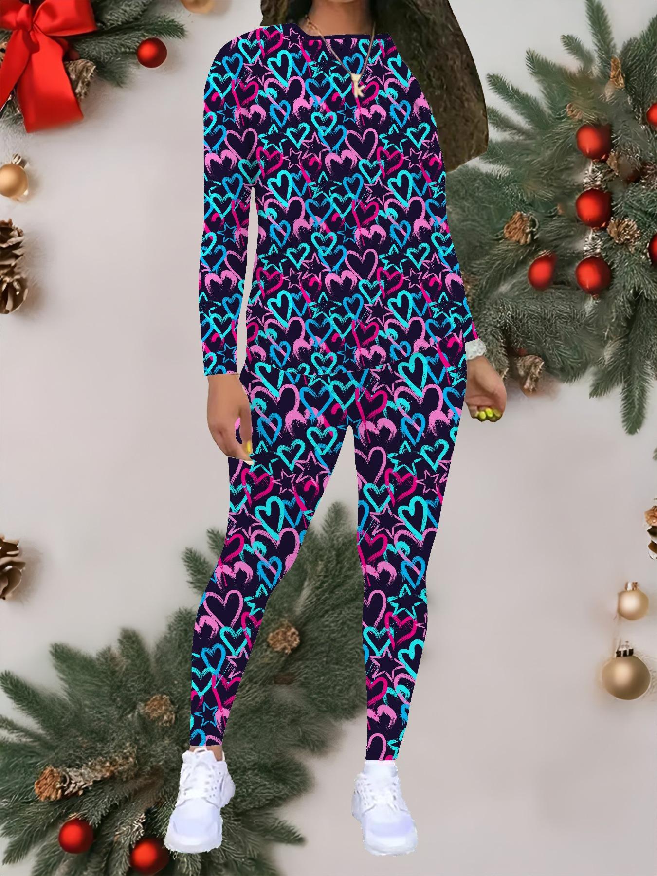 

Женский костюм-двойка с принтом Любовь : Топ с длинным рукавом и круглым вырезом и брюки, праздничный лимитированный повседневный костюм для вечеринки в подарок XXL темно-синий