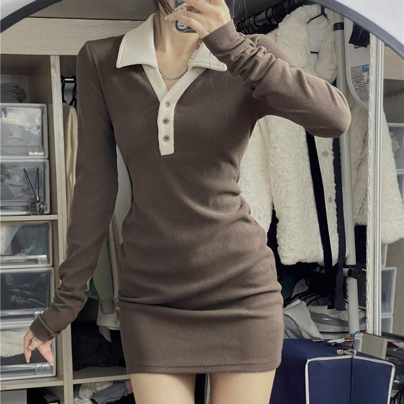 

Sexy Black Mini Dress Women Korean Streetwear Casual Polo Collar Button Up Knitted Long Sleeve Dress with Corset Women s A-line Dresses 2026 Hit XL сірий
