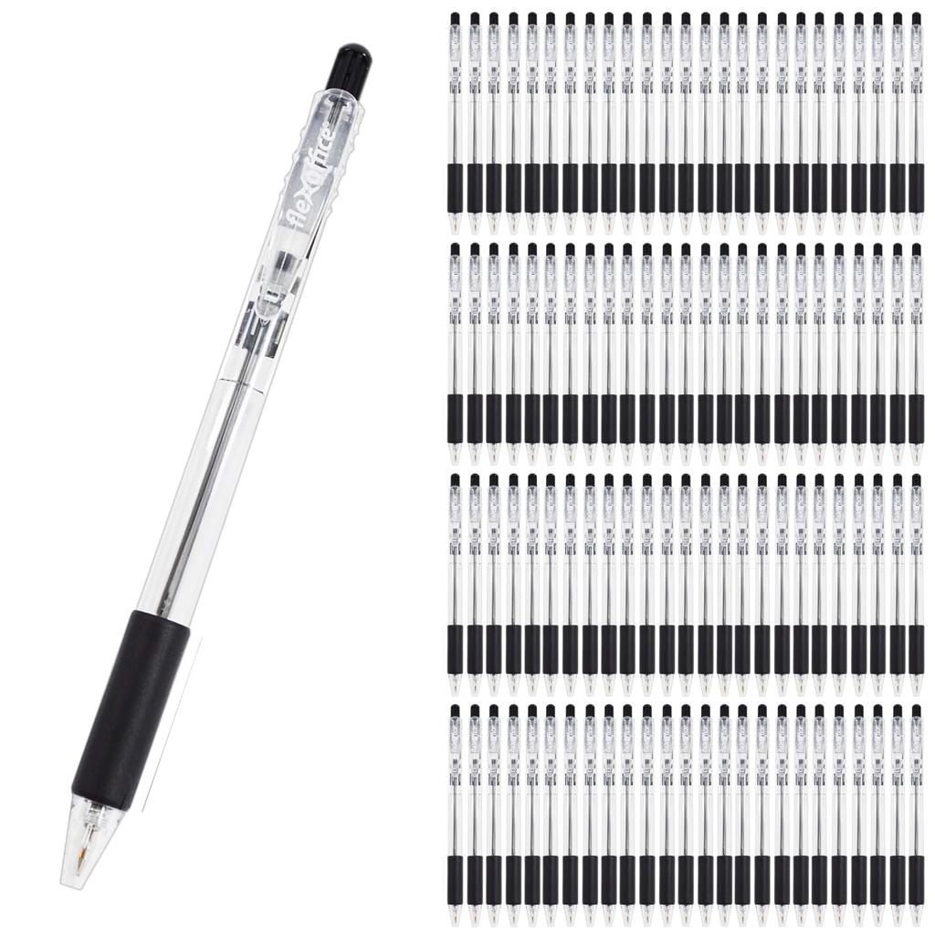 100 Kulspetspennor Lätta att Skriva Med [Partiköp], 0,7 mm, Tjocka, Oljebaserade, Klick-typ, Svarta, Flexoffice,