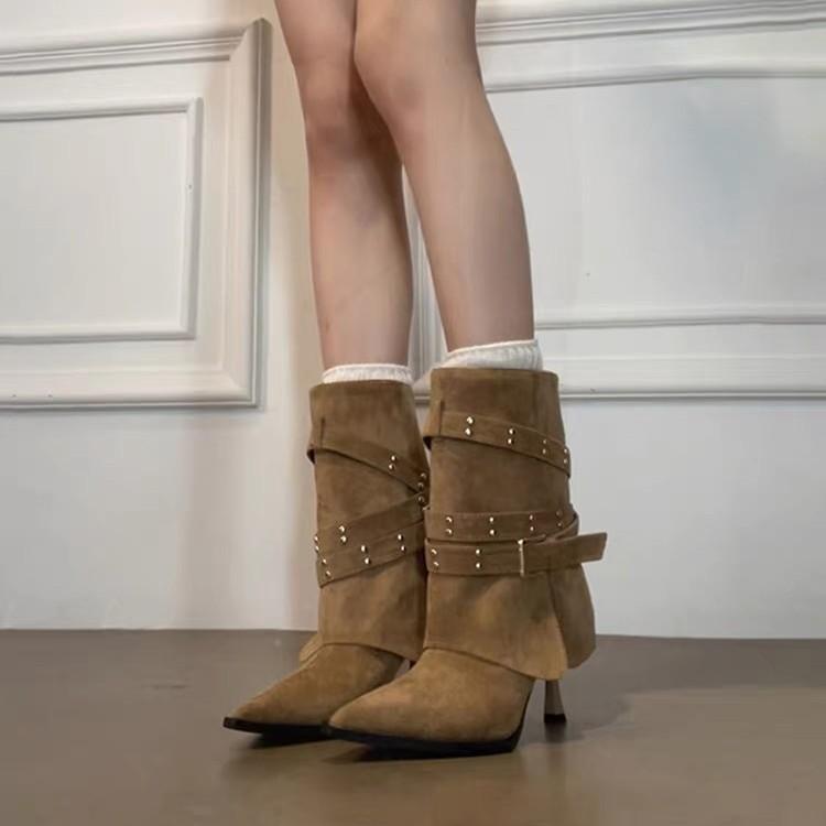 Thick-heeled retro mid-tube pointed boots 2025 new solid-color trouser tube boots mid-heel pleated western cowboy stacking boots