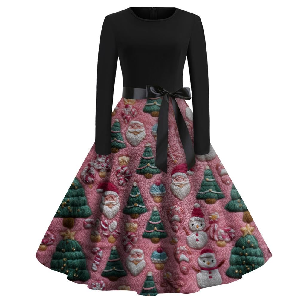 Dámské módní kulaté ležérní slim fit šaty s vánočním potiskem, velké kolové, s dlouhým rukávem