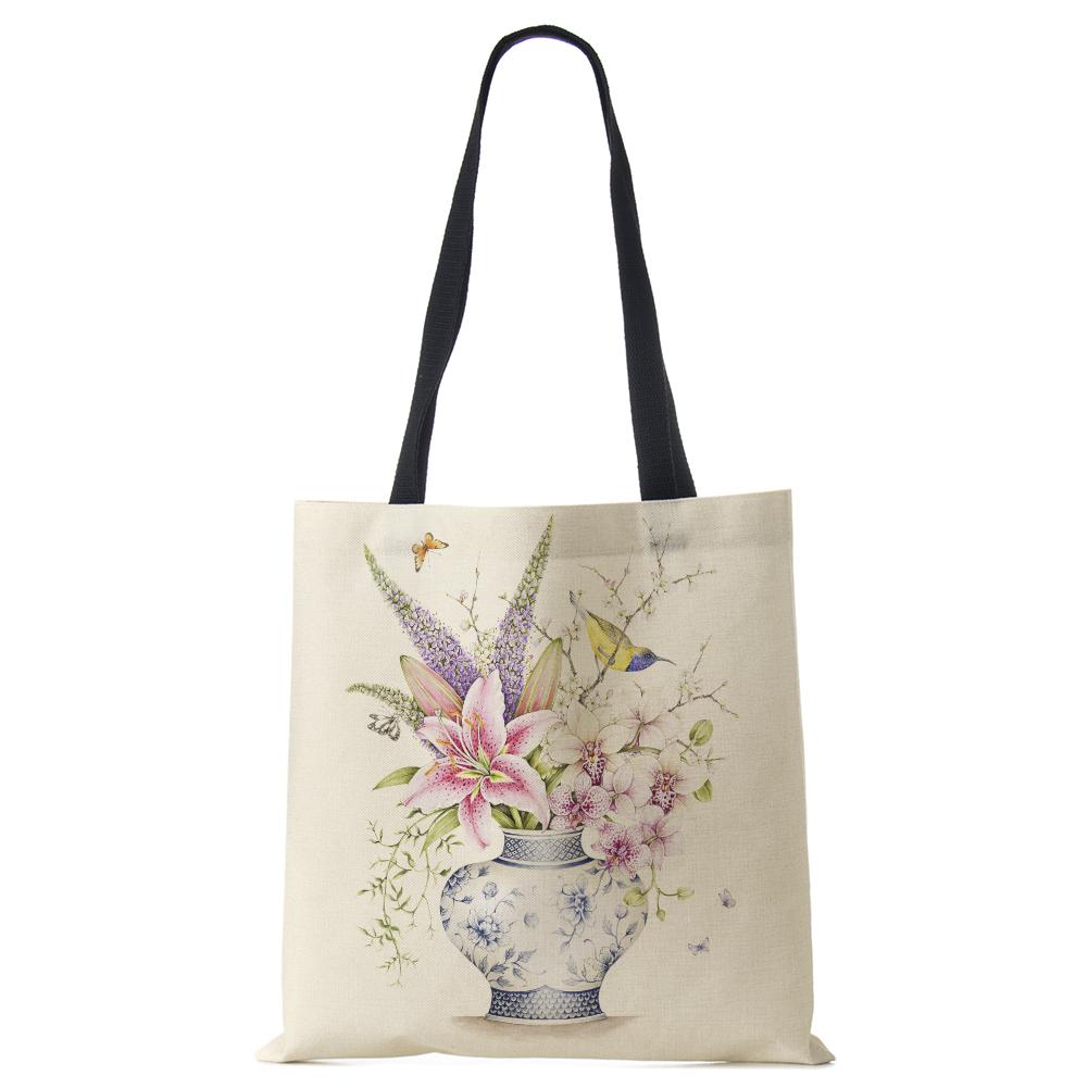 Plant Flowers Shopping Tote Bag Women Canvas Print Shoulder Bag Reusable Harajuku Large Capacity Travel School Handbag CLE