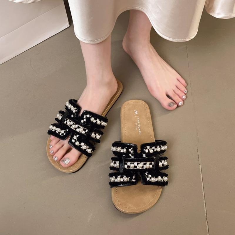 Pearl Sandals Summer Flat Comfortable Women's Shoes with Skirt Comfortable Slippers One Piece