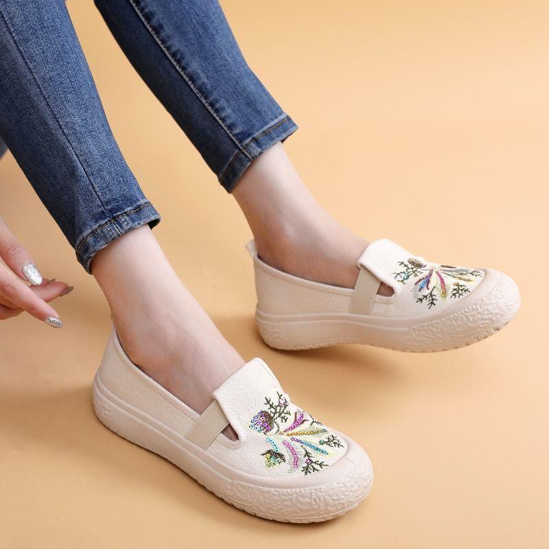 Sommer Neue Ländlicher Stil Damen Schuhe Bestickte Stoffschuhe Einschlupf Leinwand Student Vielseitig Atmungsaktiv Fischer Schuhe