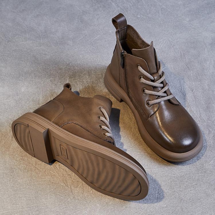 Johnature Botas de couro genuíno estilo britânico com cadarço e sola macia, botas curtas, sapatos femininos de cor sólida