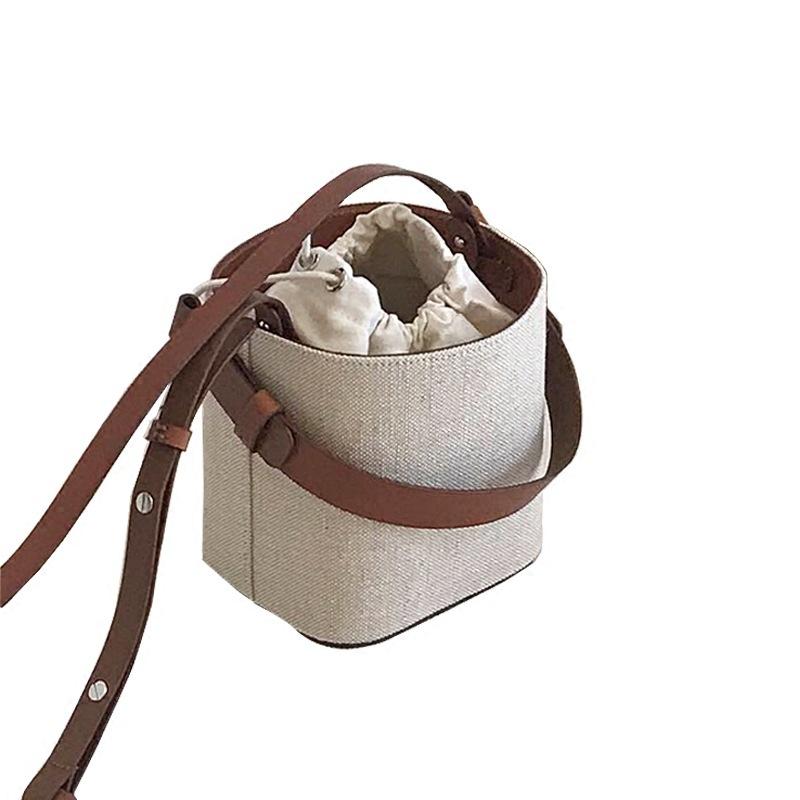 South Korea Dongdaemun new ins summer new canvas leather bucket bag contrasting small bag shoulder messenger women's bag