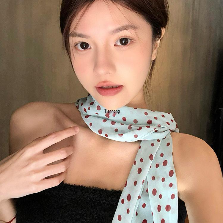 2025 New Women's Versatile French Polka Dot Silk Scarf: Spring/Summer Long Neck Tie & Headband