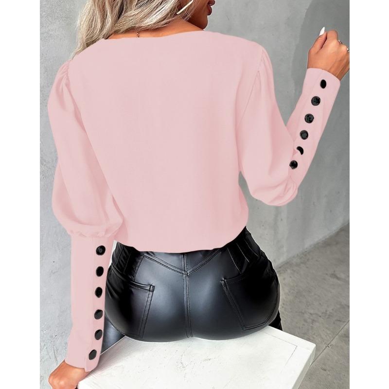 Spring Autumn Fashion V-neck Long Sleeved Women Blouse Elegant Loose Solid Color Buttons Office Shirt Female Casual Simple Woman's Tops Clothing
