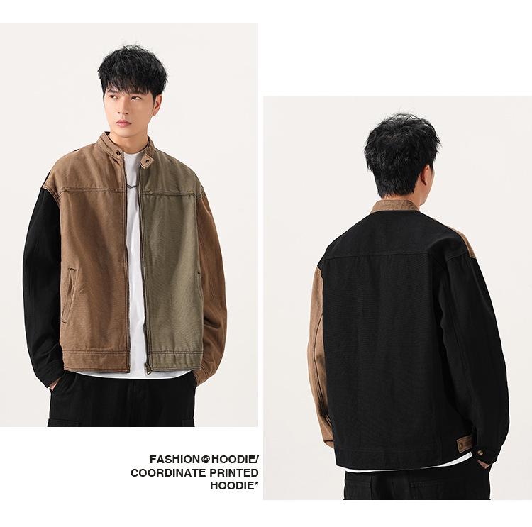 Men's American Retro Patchwork Harrington Jacket - Heavy-Duty, Loose Fit, Autumn/Winter 2025, Color Block Trendy Workwear