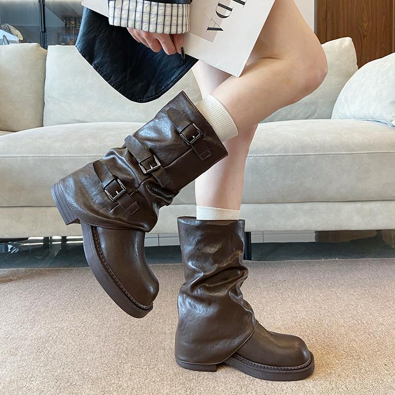 25-921 Retro Thick-heeled Medium Boots Knight Boots 2025 Spring and Autumn New Thin Piled Small Short Boots Niche Women's Shoes