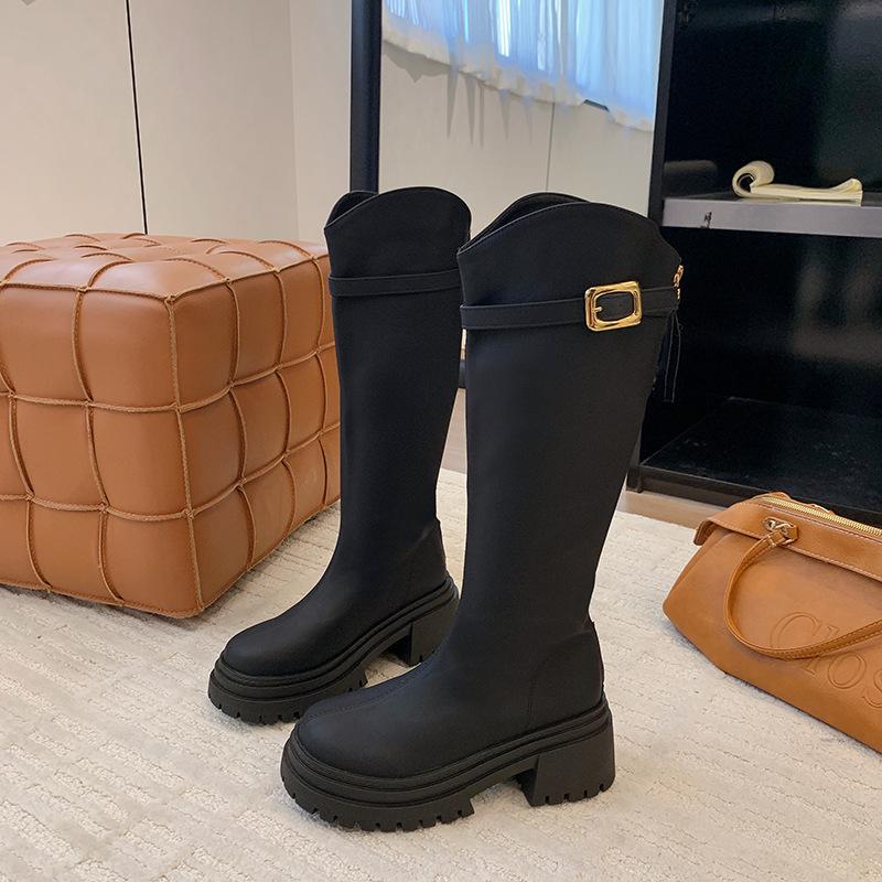 

British style versatile boots women s 2025 autumn new thick-soled heightened and thin knight boots but knee temperament boots 35 чёрный
