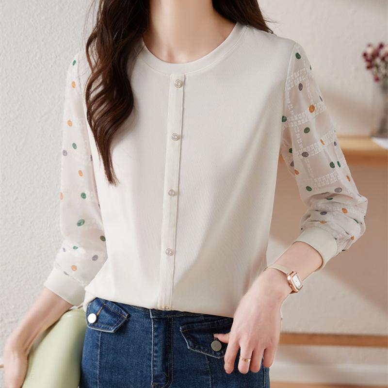 Polka Dot Long Sleeve Chiffon Blouse Women Autumn French Youthful Knit Top Patchwork Shirt