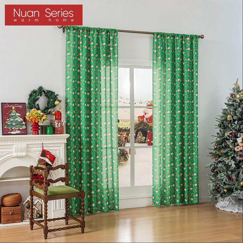 1PC Nuan Series Christmas Style Semi Blackout Curtains Santa Claus and Elk Pattern Green Curtains for Living Room Bedroom Balcony Window Home Decor