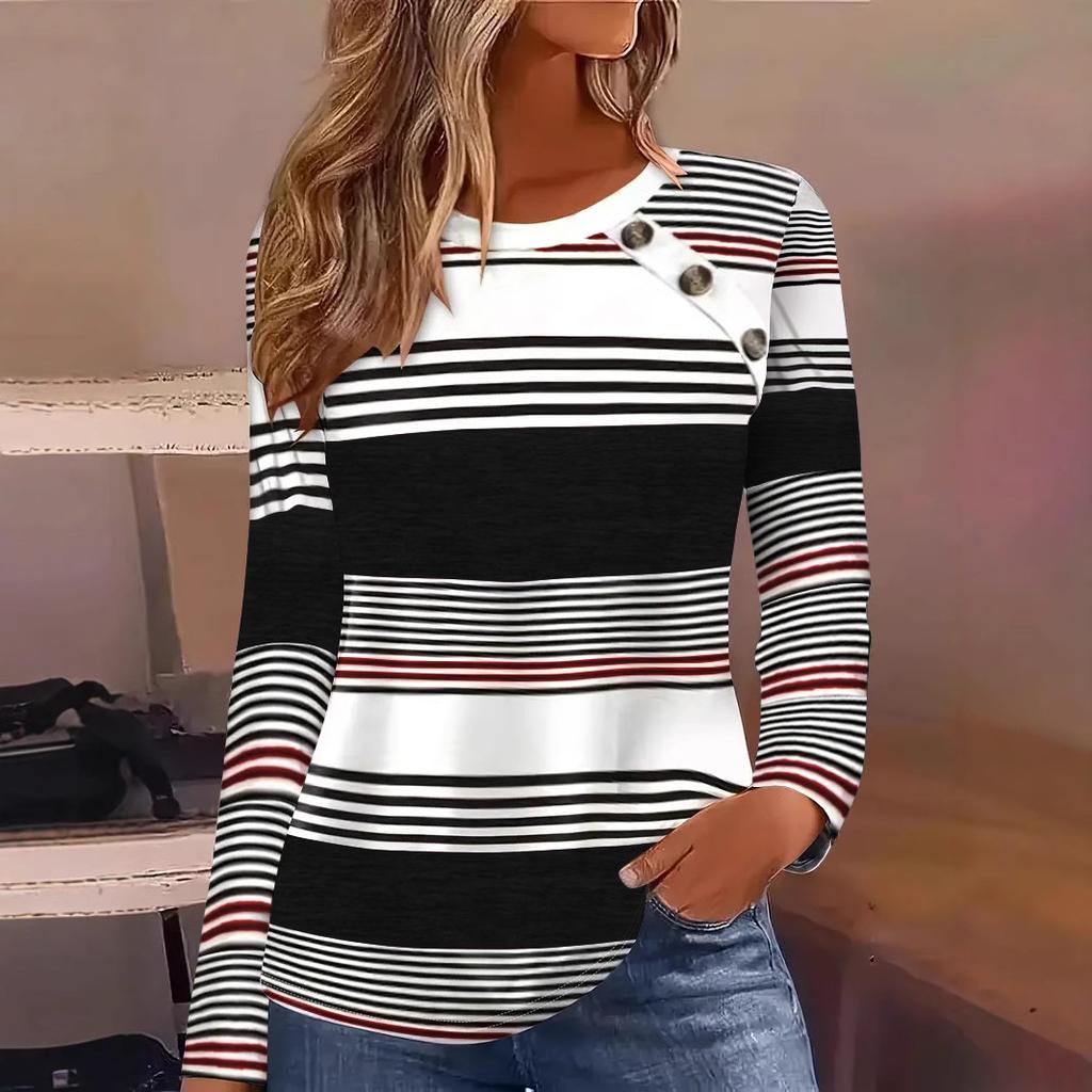Spring and Autumn Stripe Splicing Color Contrasting Top Round Neck Long Sleeve Loose Women's T-shirts