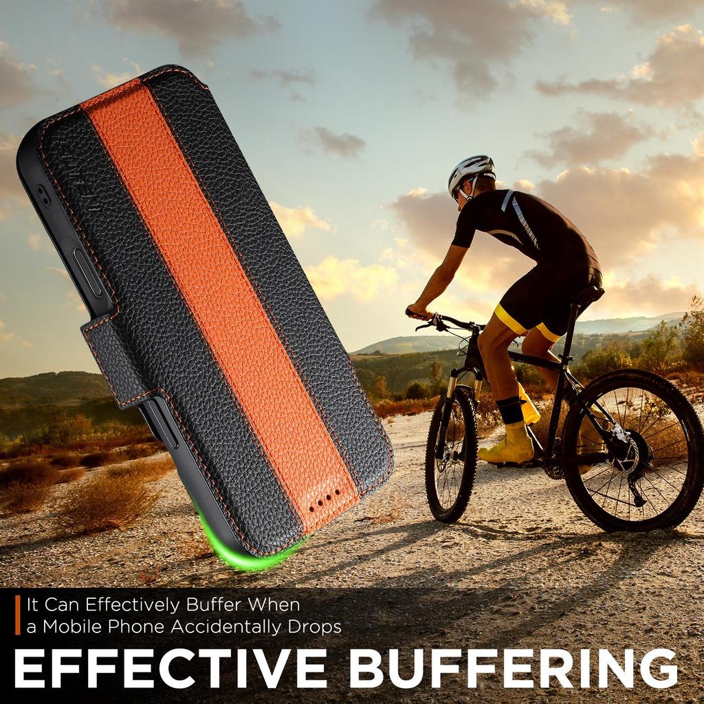 iPhone 17 Flip Case: Card Slot, Magnetic Snap, Wireless Charging Stand, Color Block Wallet, Leather