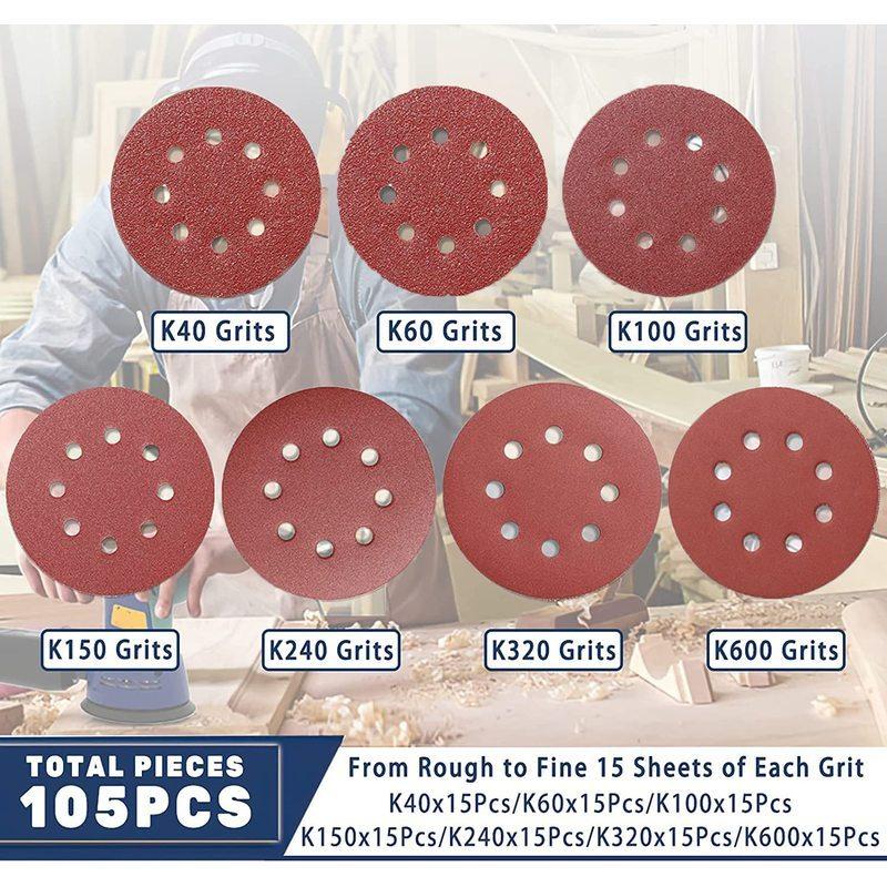 100PCS 125mm Sanding Discs, 5 Inch 8 Hole Hook and Loop Sanding Pads for Random Orbital Sander(40 to 2000Grits)