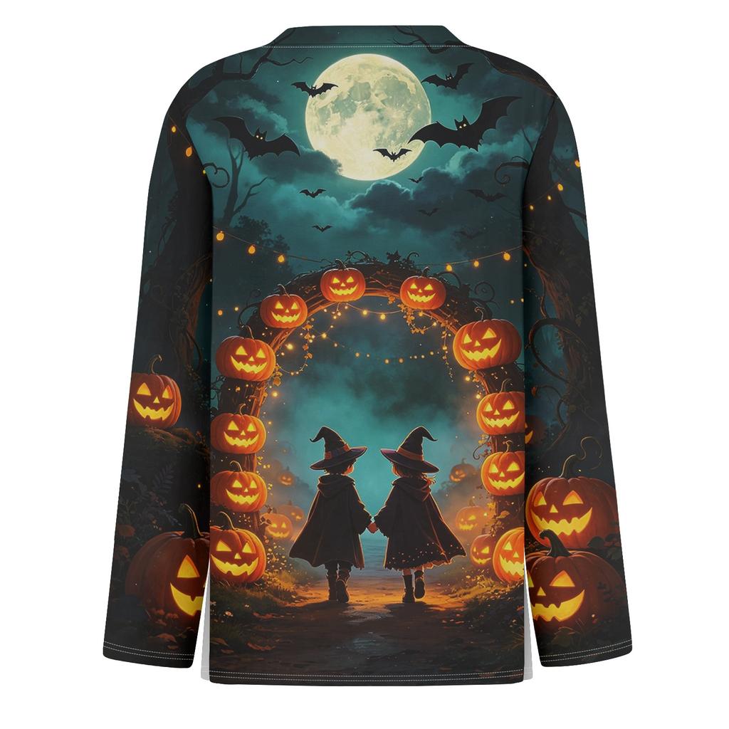 Women's Long Sleeve Casual Pullover Top Halloween Pumpkin Print Crew Neck Split Hem Blouse Lightweight Comfortable Fit