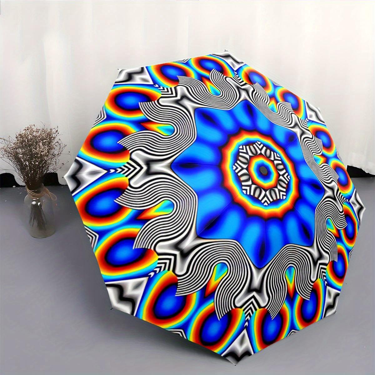 

Automatic Folding Umbrella Psychedelic, wavy blue and rainbow mandala. Portable collapsible design, casual outdoor accessory, (as the picture,Iron&8K)