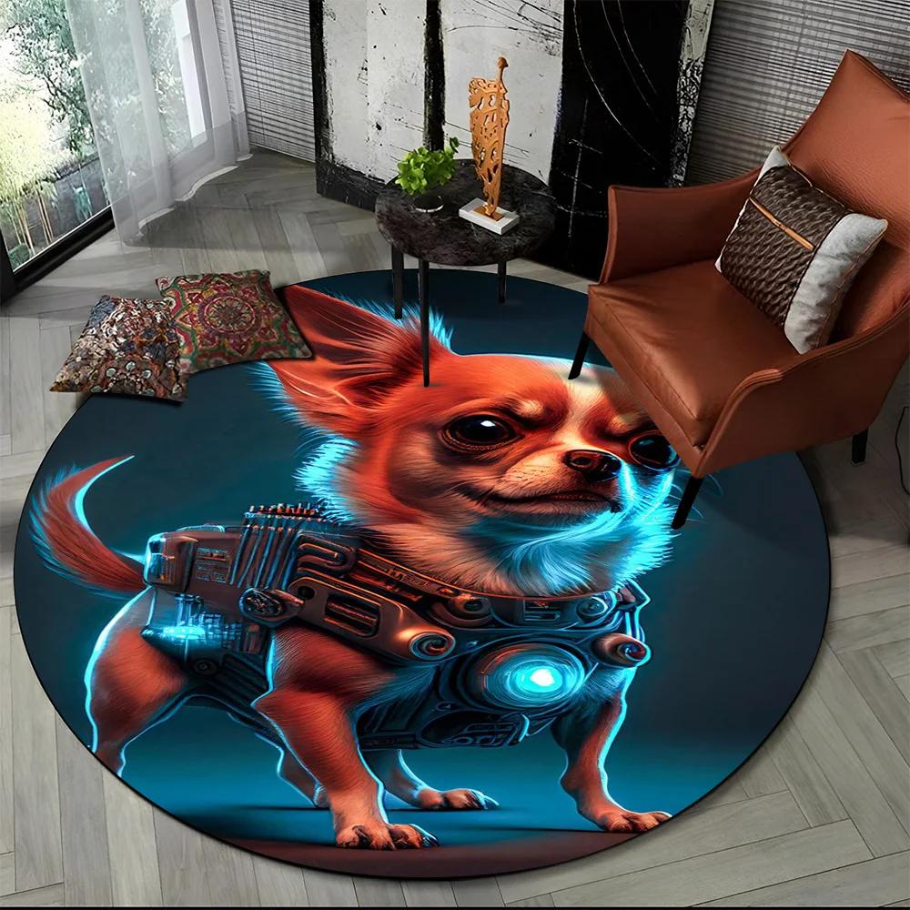 Cute Dog Samoye,Chihuahua,Koki Pomeranian Cartoon Round Carpet Rug for Living Room Bedroom Decor,kids Pet Area Rug Non Slip Mat