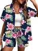 Plant-printed short-sleeved shirt, elastic waist shorts, two-piece set, vacation style casual suit, women's