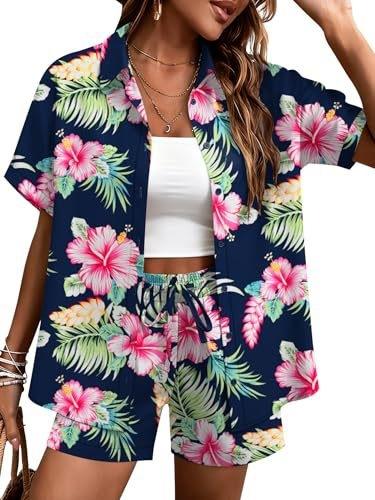 Plant-printed short-sleeved shirt, elastic waist shorts, two-piece set, vacation style casual suit, women's