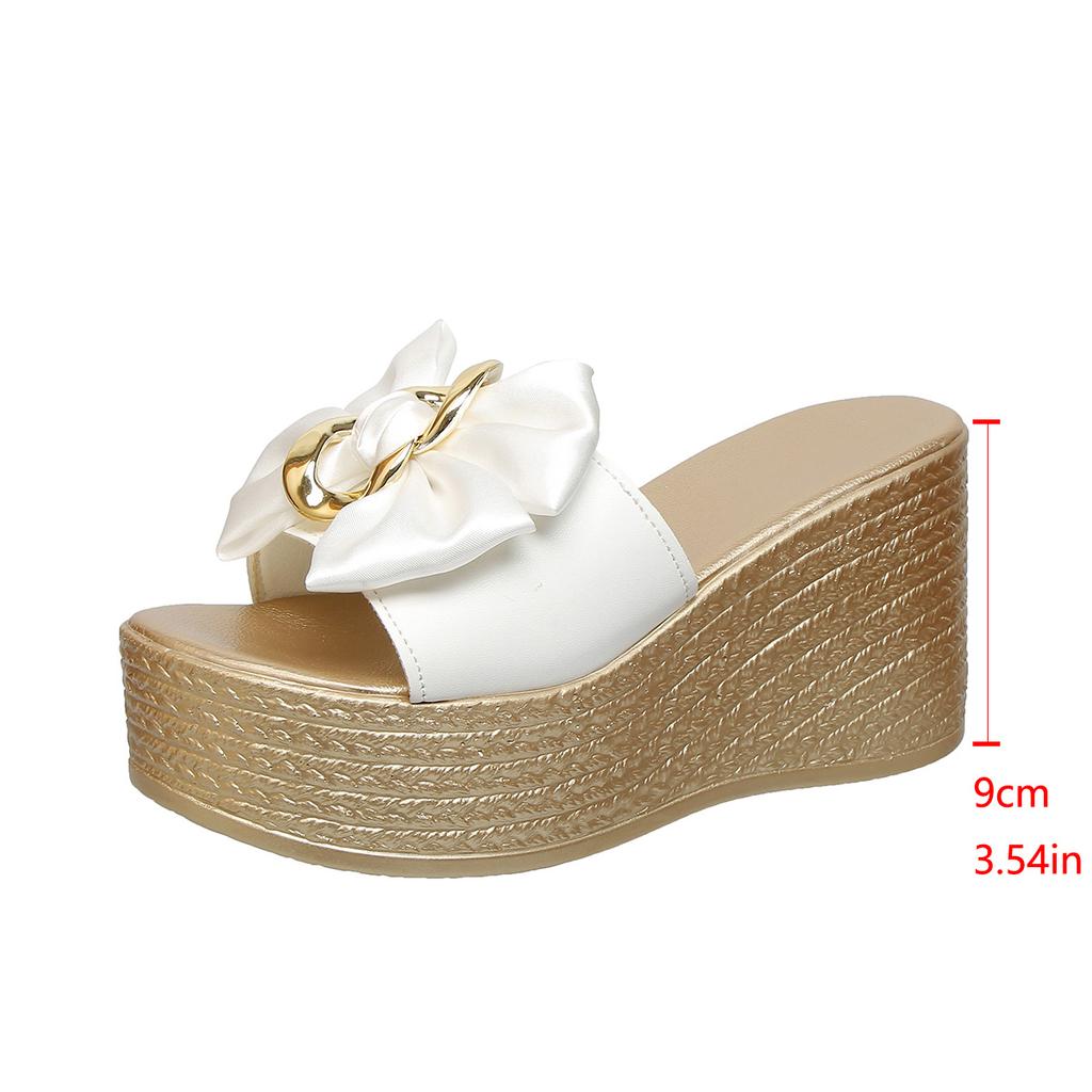 Fashion Aphixta Gold Sole 9cm Wedge Heels Slippers Bow Metal Decoration Mulers High Heels Platform Sandals Clog Shoe Slides Plus Size 43