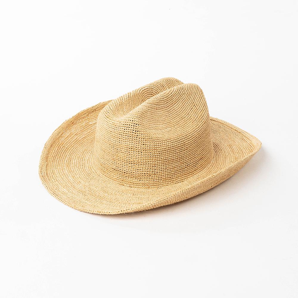 Chapeau de cowboy en crochet de raffia pliable pour hommes et femmes, chapeau de soleil en paille, style tendance, printemps et été européen et américain, tissé à la main