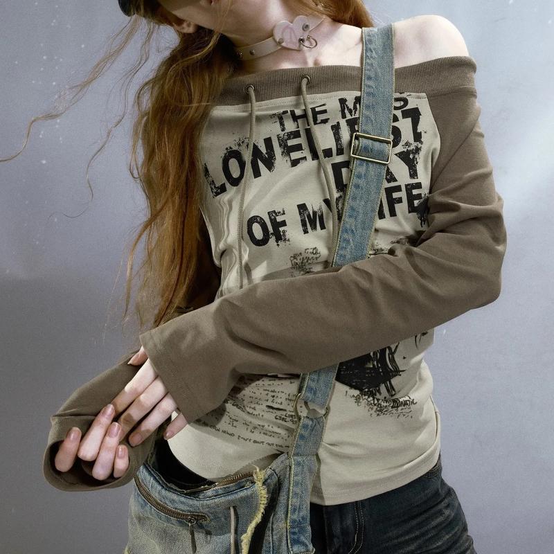 2000s Grunge Vintage Streetwear Mikina Dámská Americká Retro Y2k Harajuku Sexy Estetická Volná Pulovry Nepravidelná Slim Fit Trička