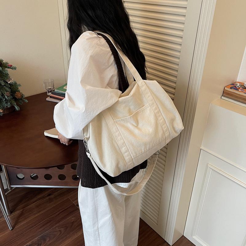 New Women's Canvas Tote Bag Large Capacity Solid Color Casual Handbag Minimalist Commuter Crossbody Bag