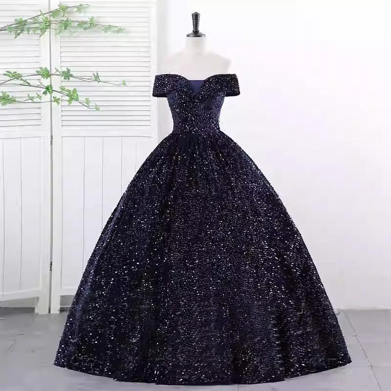 Off-the-Shoulder Sequined Evening Gown for Women: Ideal for Performances, Beauty Pageants, and Gala Events with Puffy Long Skirt.