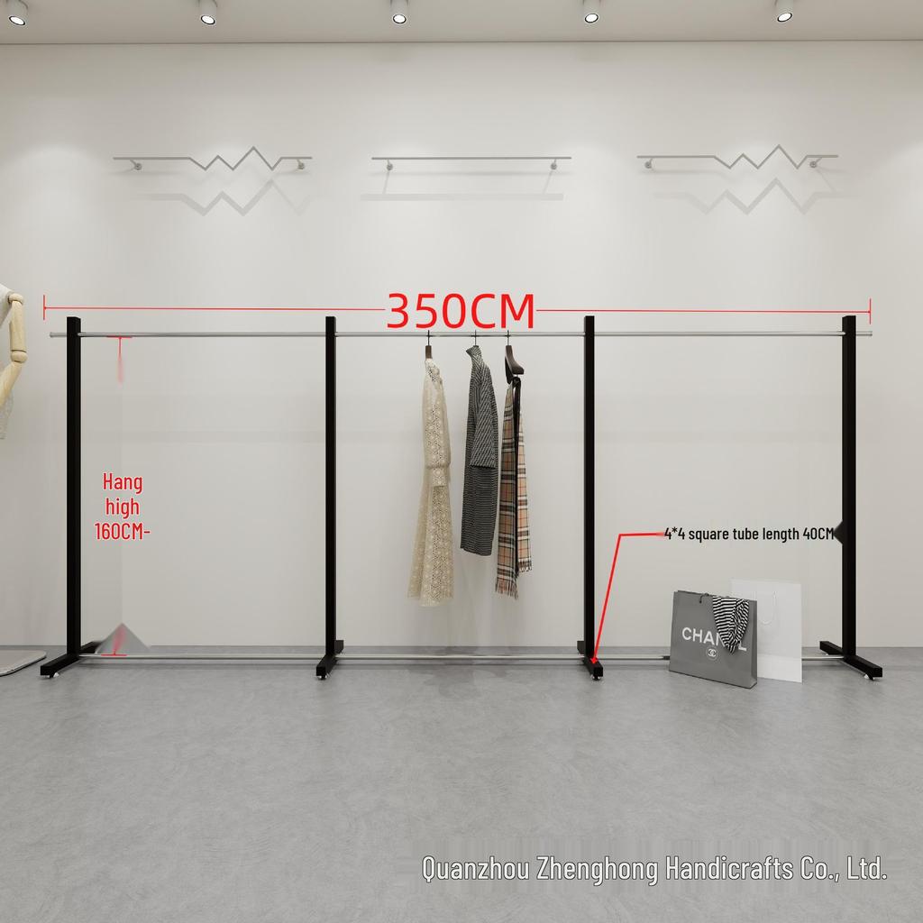 Black Stainless Steel Floor-Standing Garment Display Rack for Women's Clothing Store