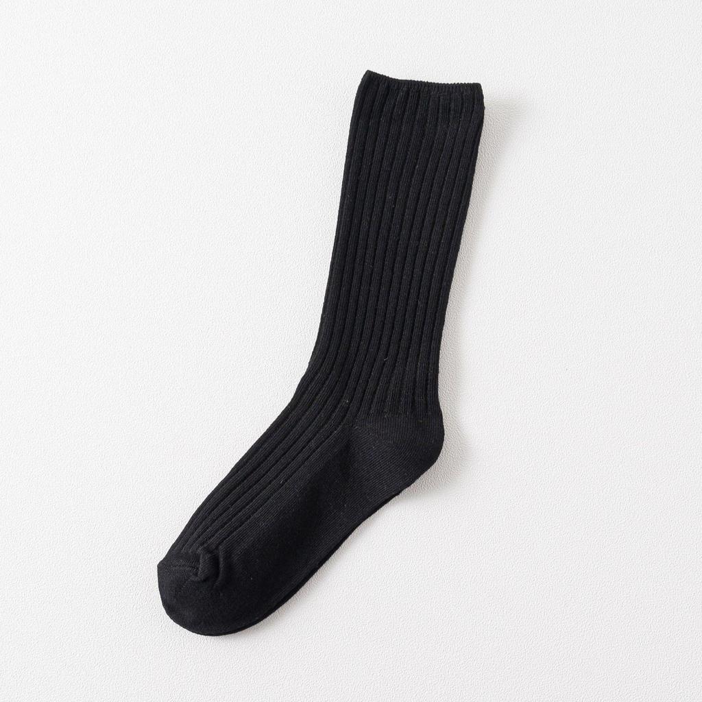 Autumn & Winter Women's Ribbed Cotton Mid-Calf Socks - Japanese Style, Solid Color, Double Needle.