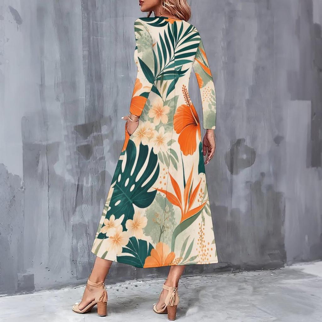 Women Plus Size V Neck Long Sleeve Red Floral Printed A Line Midi Dress With Pockets