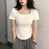 Women Short Sleeve Square Neck T-Shirt Spring and Autumn New Irregular Hem Slim Casual Top Girl Bottom Shirts