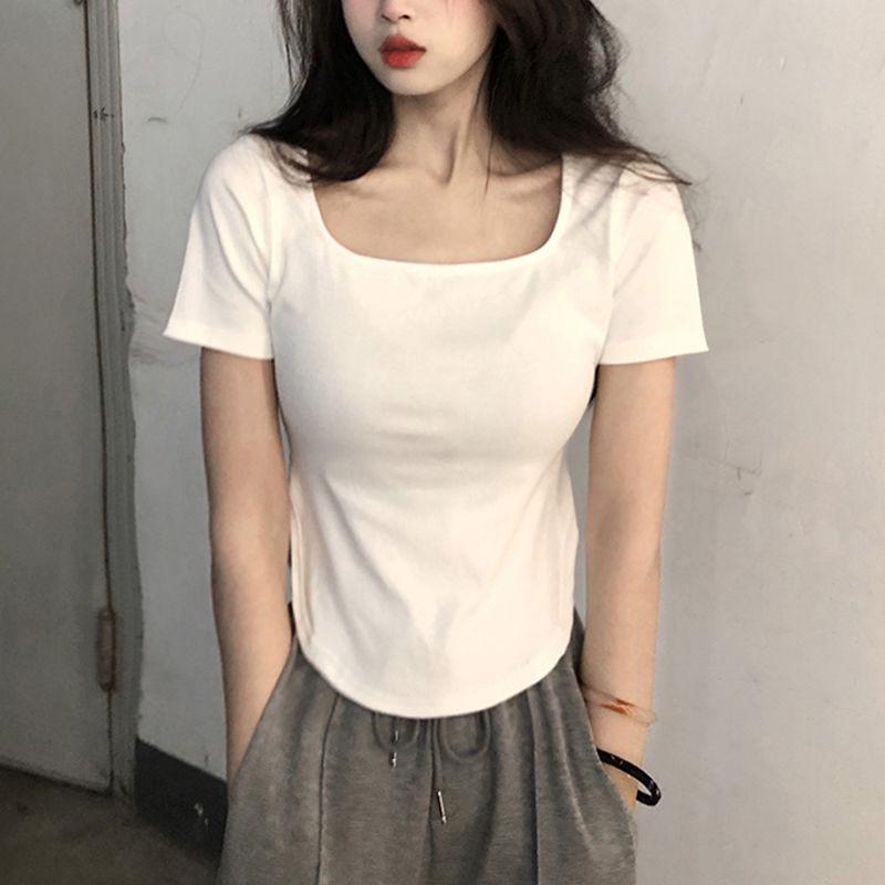 Women Short Sleeve Square Neck T-Shirt Spring and Autumn New Irregular Hem Slim Casual Top Girl Bottom Shirts
