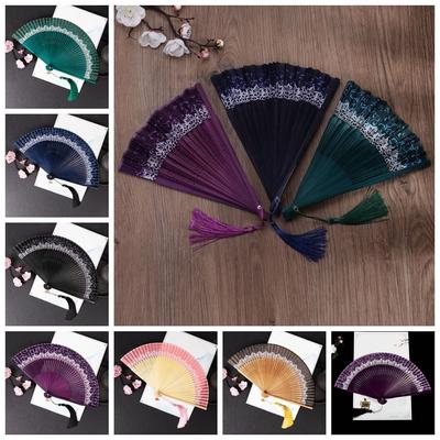 Portable Folding Folding Fan Change Color Silk Cloth Dance Fan Bamboo With Tassel Dance